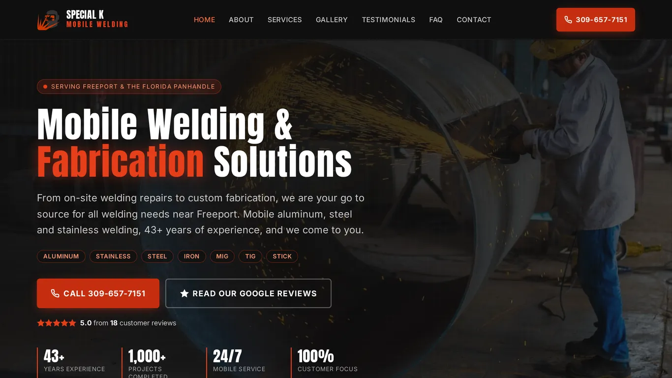 Special K Mobile Welding website screenshot