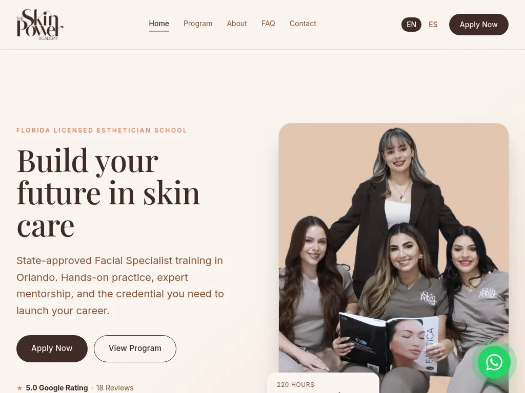 The Skin Power Academy website screenshot